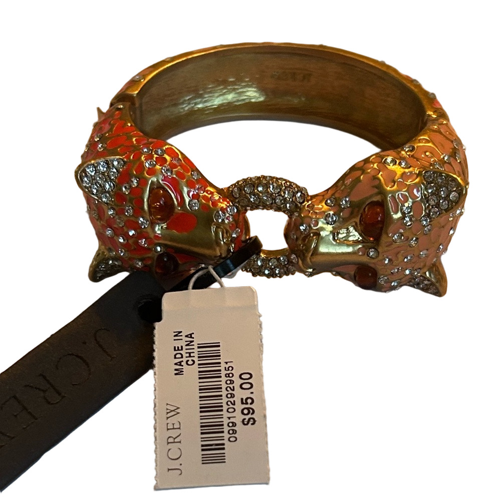 J. Crew Gold-Tone Tiger Head Hinge Bracelet with Orange Enamel and Crystals